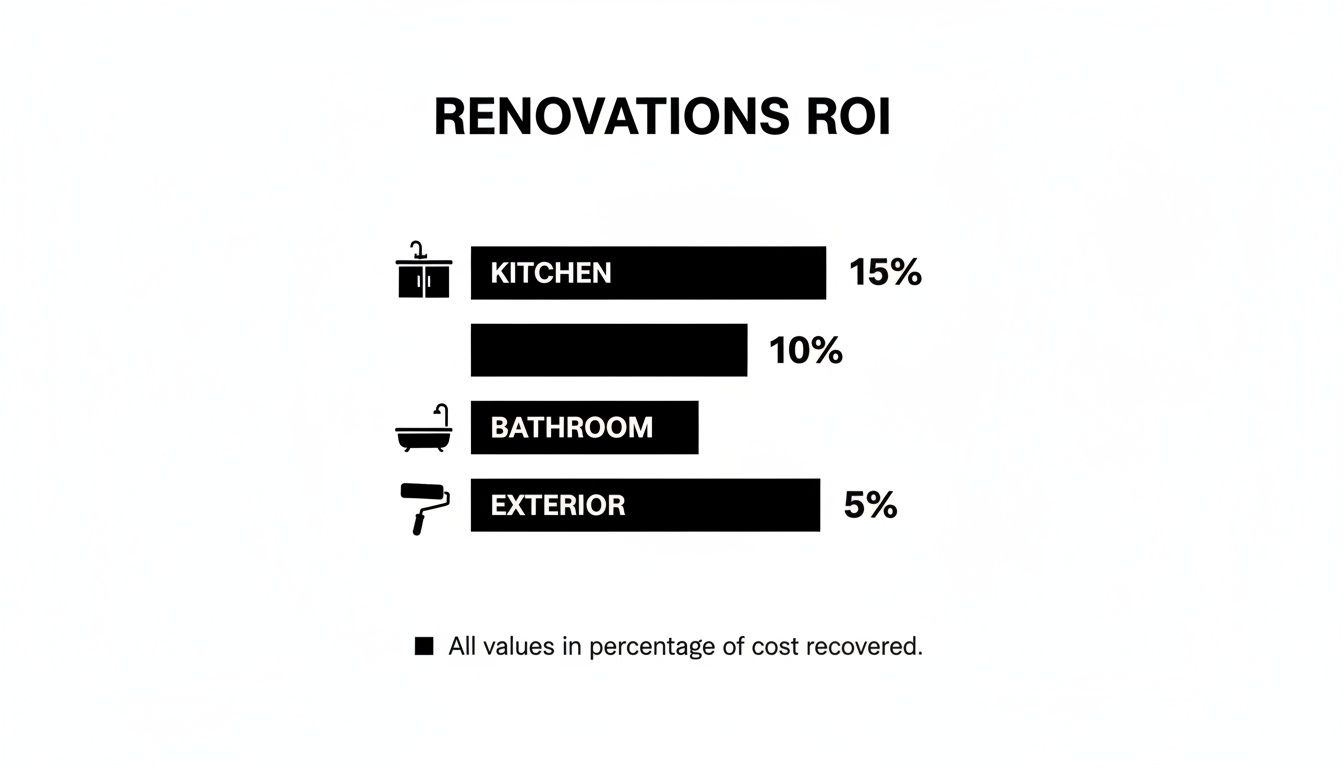 Bar chart illustrating renovation ROI: Kitchen 15%, an unlabeled category 10%, Bathroom, Exterior 5%.