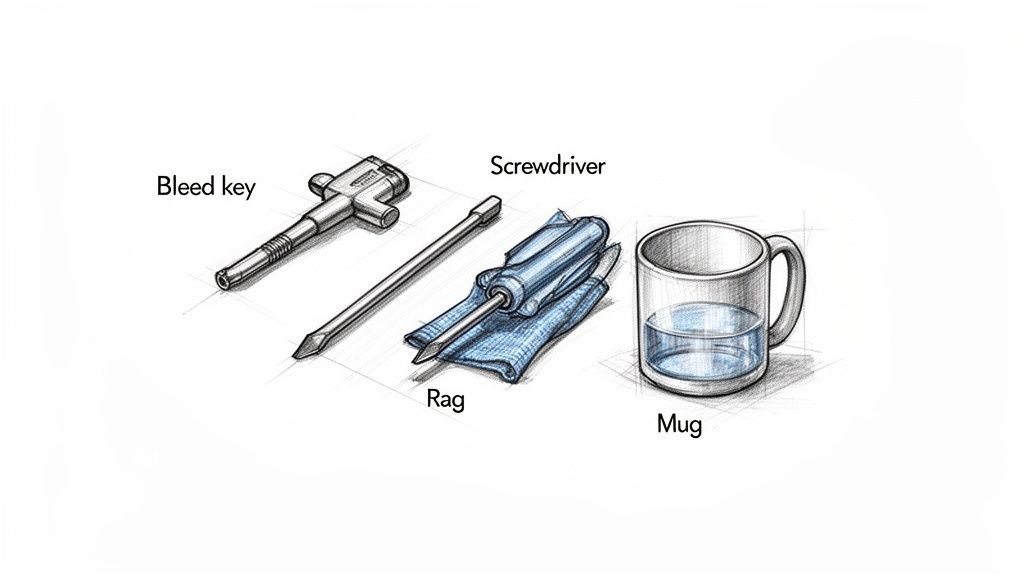 Illustration of tools for bleeding a radiator in Christchurch, including a bleed key, screwdriver, rag, and water mug.