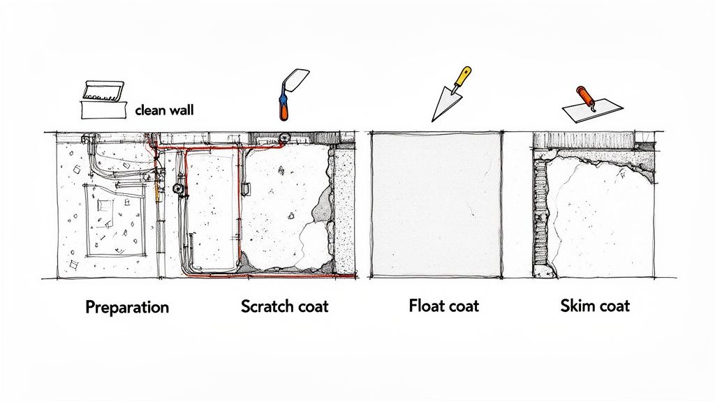 Illustrated guide showing four plastering layers for homes in Christchurch and Poole.