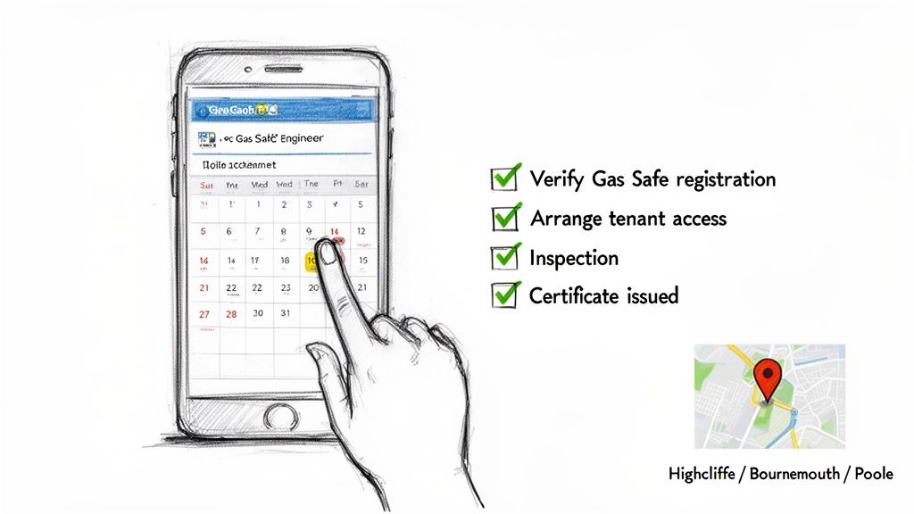 A landlord in Poole schedules a gas safety engineer using our in-house service via a smartphone.