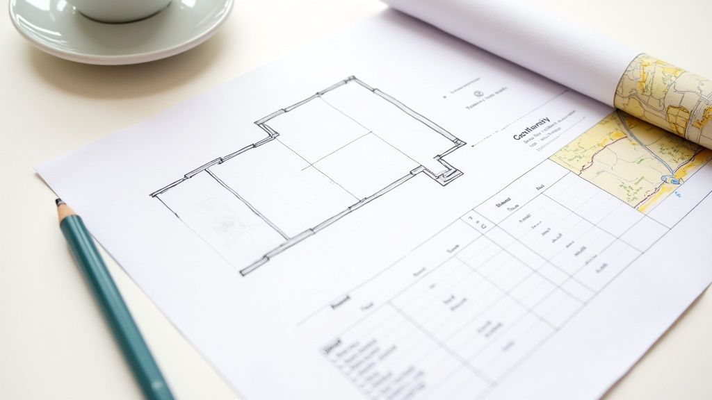 Architectural drawings and tools on a wooden table, representing project planning.