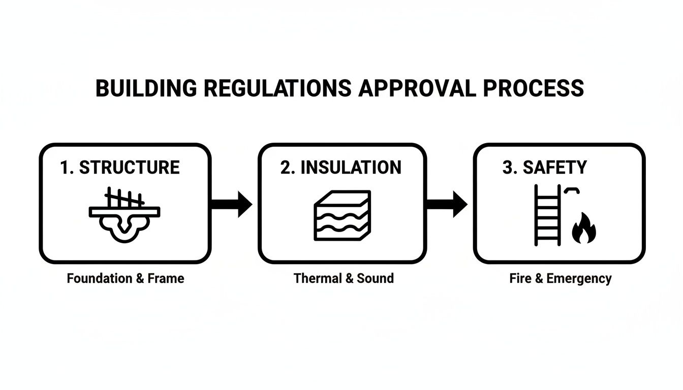 Flowchart outlining the three key stages of building regulations approval in Poole: structure, insulation, and safety.
