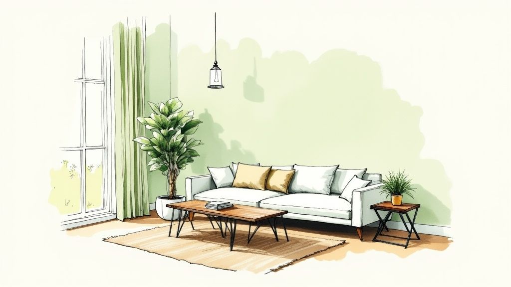 A watercolor illustration of a modern living room featuring a green wall, white sofa, and indoor plants. A relaxing living room in Southampton