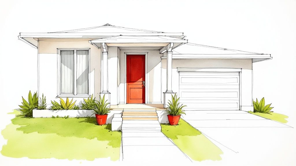 A vibrant watercolor sketch of a modern house in Bournemouth featuring a bright red door and green landscaping.