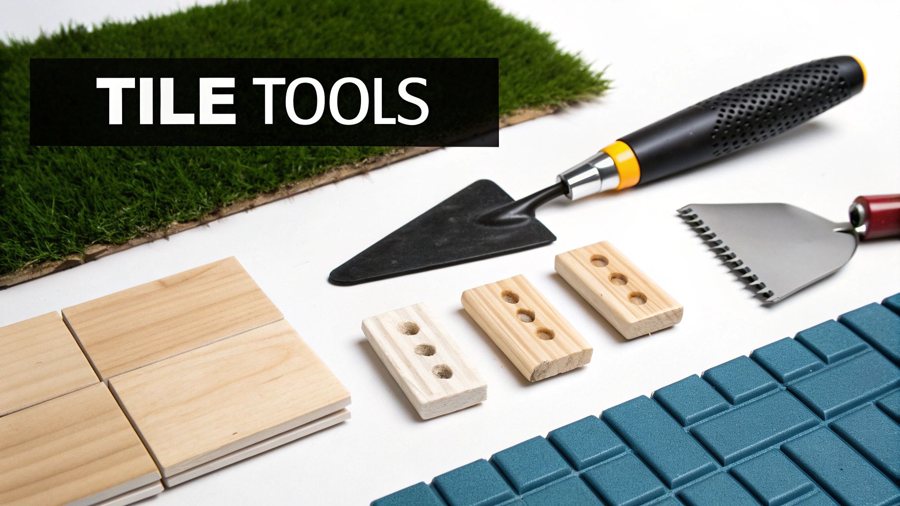 Tile tools on white background: grass patch, trowels, wooden blocks, beige tiles, and blue mosaic. "TILE TOOLS" text above.