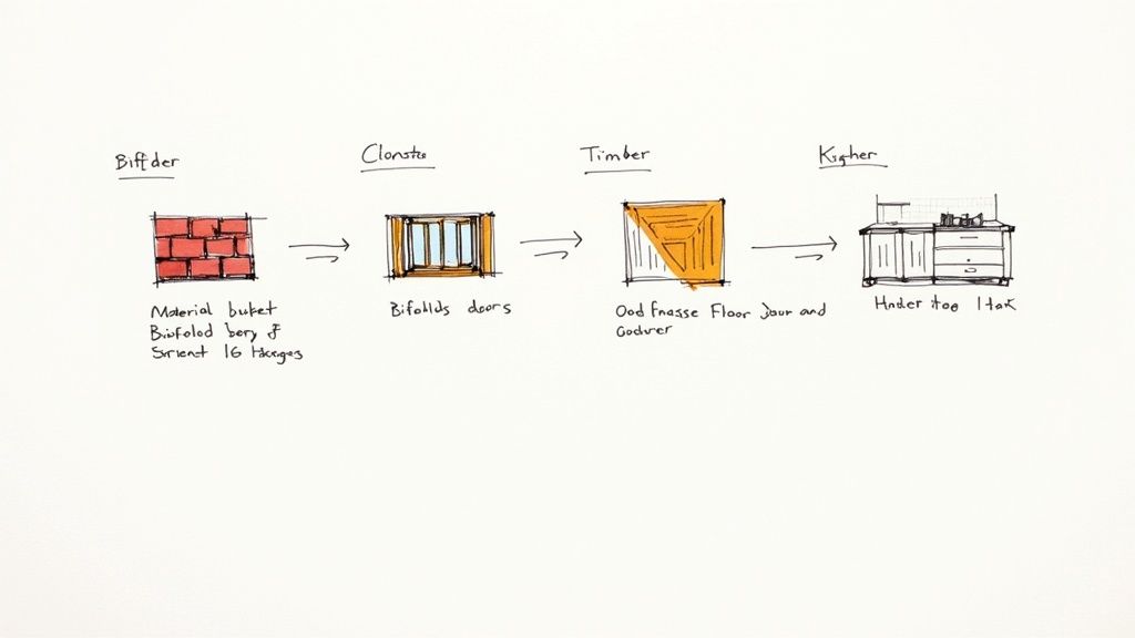 A sketch of a home extension in Poole showing various building components.