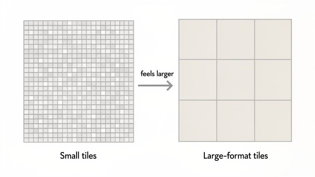 An illustration comparing small tiles to large-format tiles in a Bournemouth bathroom, showing how larger tiles make a room feel bigger.