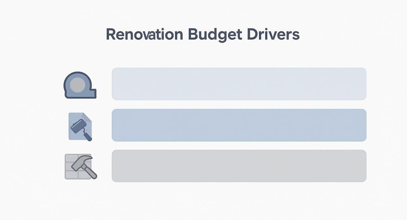 A detailed infographic showing the key drivers of renovation costs in a Christchurch property.