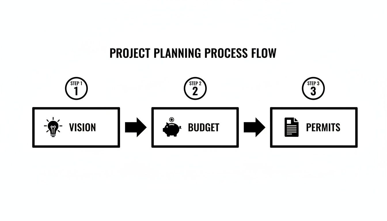 A three-step project planning process flow diagram showing vision, budget, and permits in Poole.