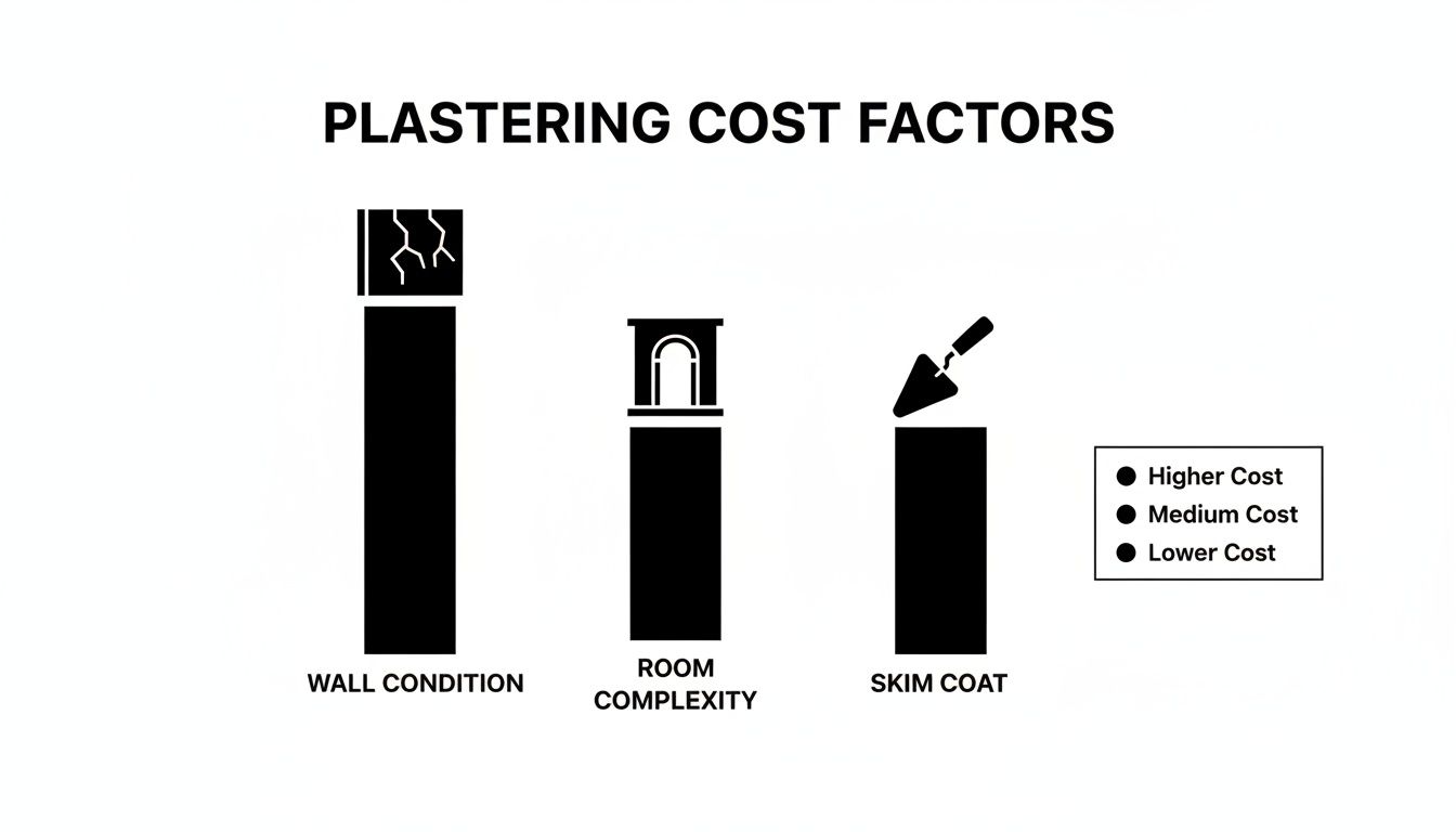 An infographic illustrating key plastering cost factors: wall condition, room complexity, and skim coat.