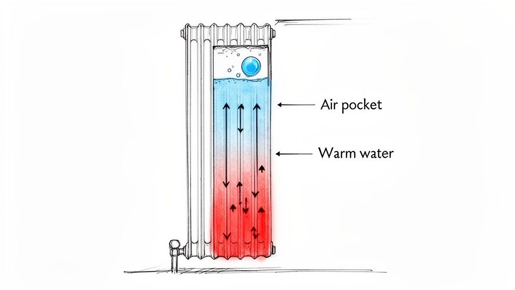 Diagram showing an air pocket trapped at the top of a radiator, hindering warm water circulation, relevant for homes in Highcliffe and Bournemouth.