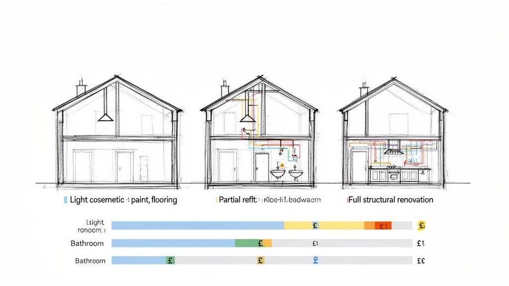 Architectural sketches in Southampton showing three levels of house renovation and their corresponding cost implications.