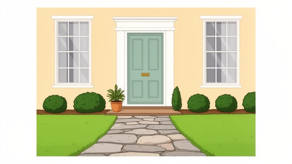 A charming house front with a pale green door, two large windows, green bushes, and a stone path in Christchurch.