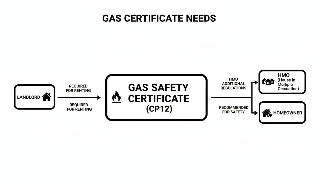 Flowchart illustrating gas safety certificate needs in Southampton, showing requirements for landlords and recommendations for homeowners and HMOs.