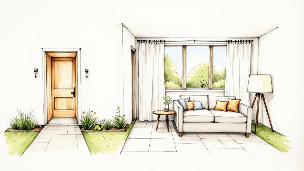 Architectural sketch for preparing a house for sale in Southampton, showing the entryway and living room layout.