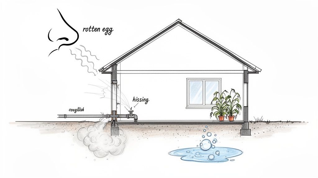 Diagram showing a house with signs of a gas leak, including a "rotten egg" smell and hissing pipes in Highcliffe.