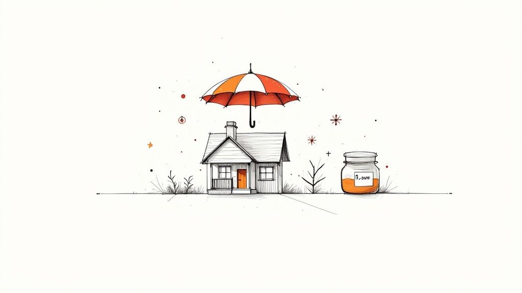 A minimalist drawing of a Christchurch house protected by an umbrella, next to a jar of savings.