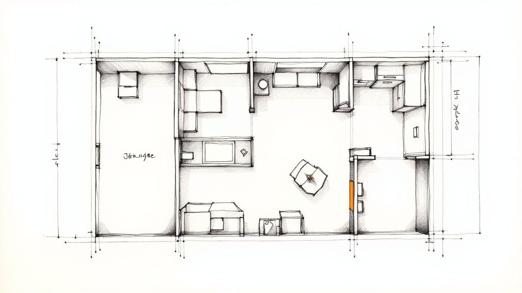 Floor plan for a garage conversion in Poole, showing furniture layout for an apartment.