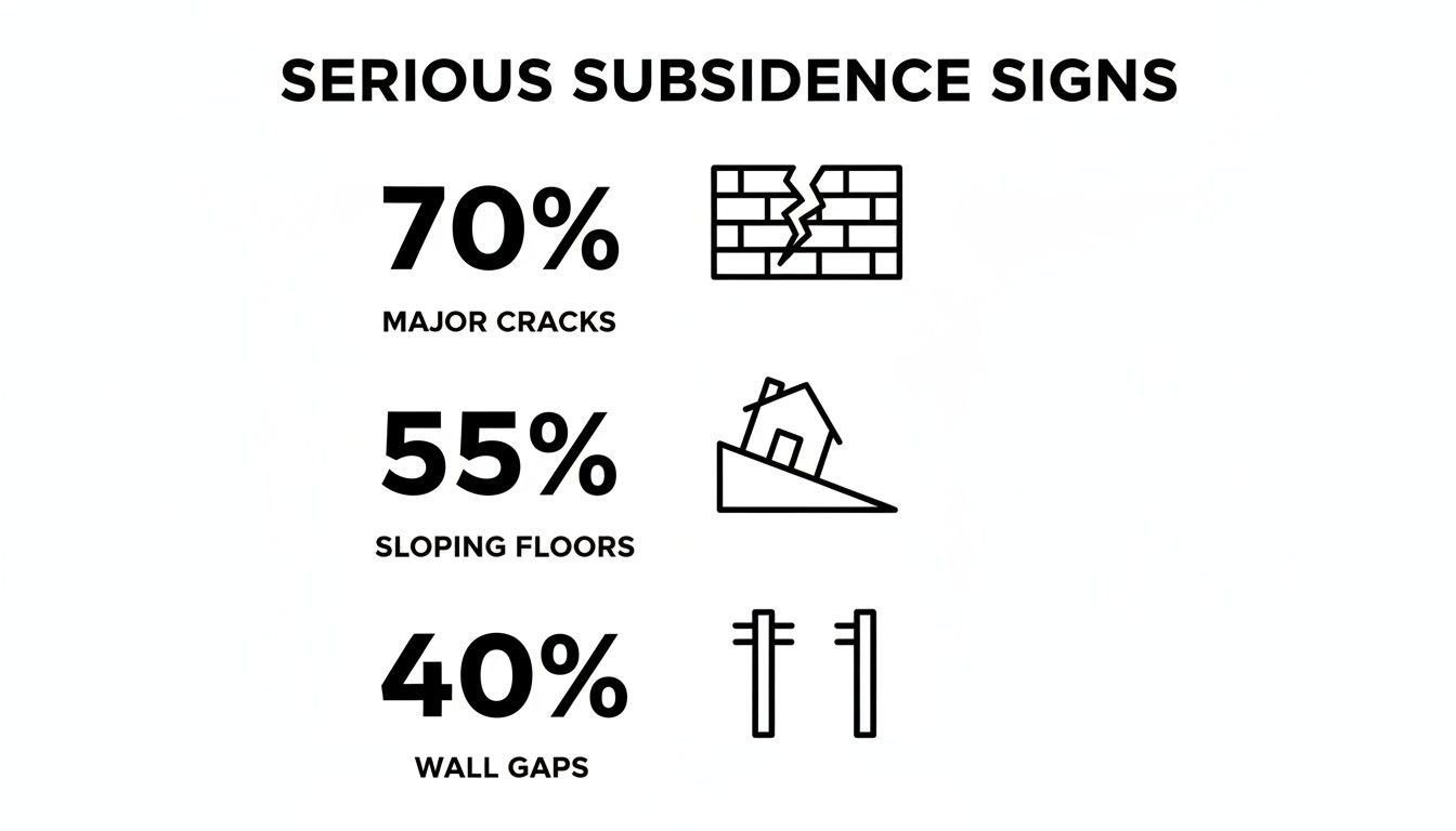 Infographic showing key signs of subsidence in Southampton properties, such as major cracks and sloping floors.