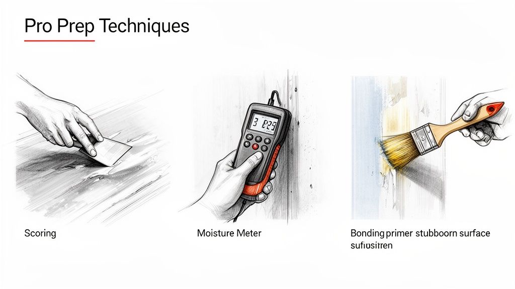 Professional wall prep techniques for Southampton homes, including scoring, moisture checks, and bonding primer.