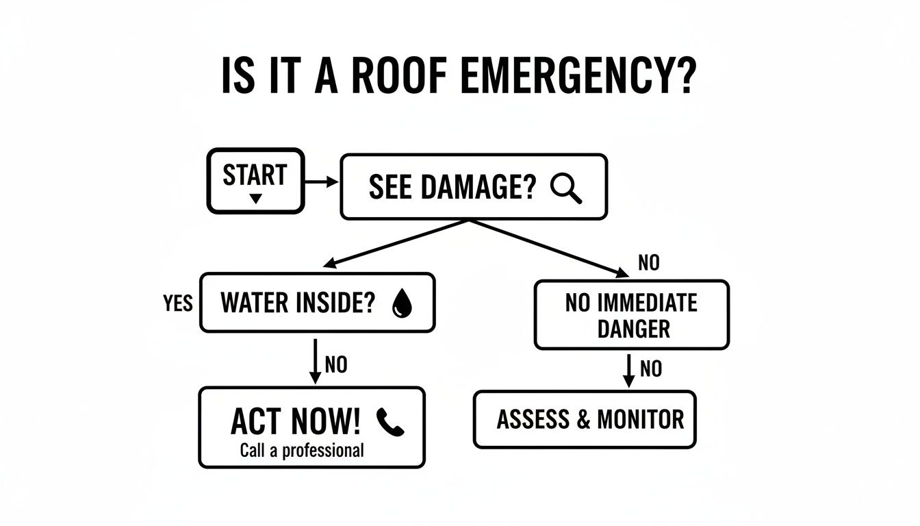 A flowchart showing how to assess a roof problem in Christchurch, leading to contacting emergency roof repair services in Bournemouth.