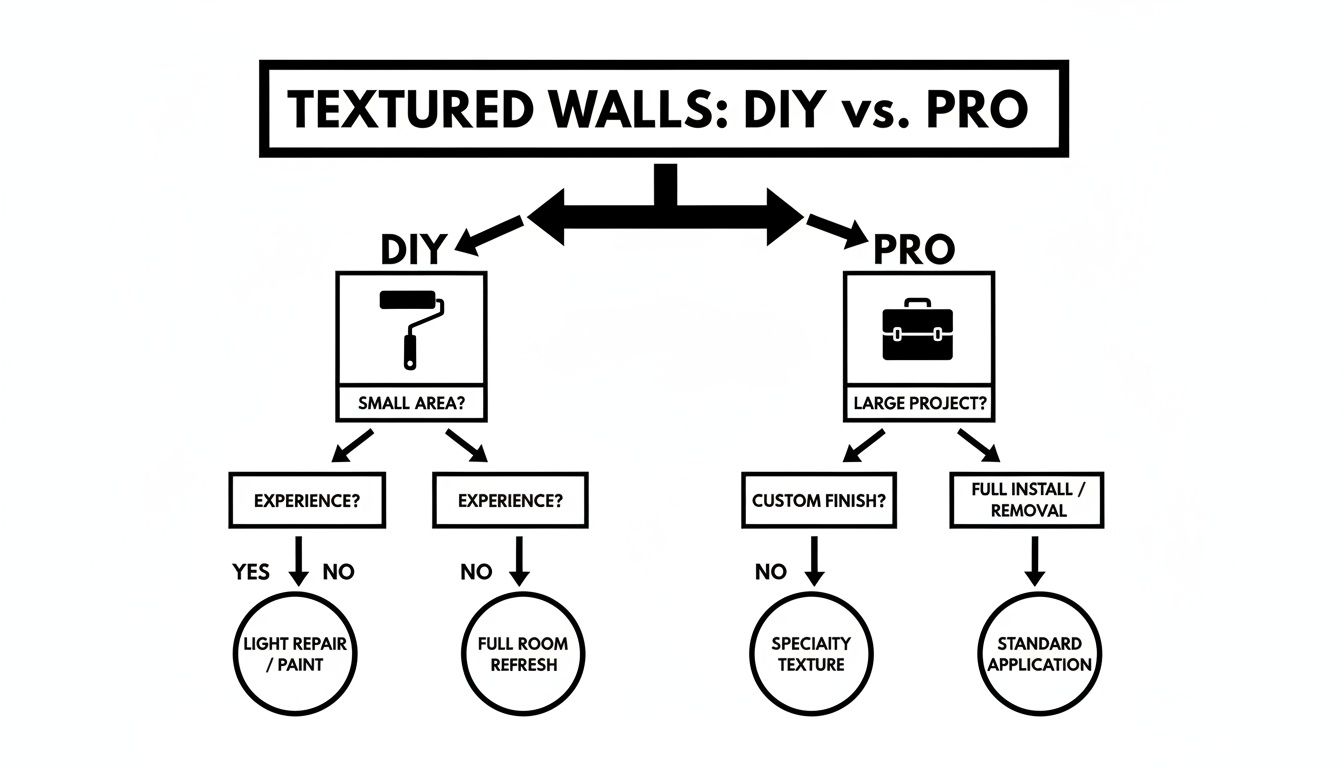 Flowchart for smoothing textured walls in Highcliffe, comparing DIY vs. Pro approaches.
