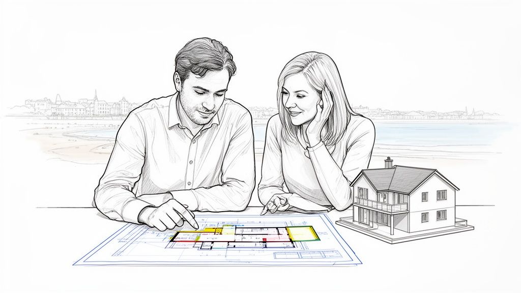 A couple from Highcliffe reviewing plans for planning permission with an architect.