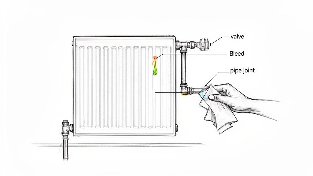 A diagram showing a radiator leak in a Christchurch home, illustrating the valve, bleed point, and pipe joint.