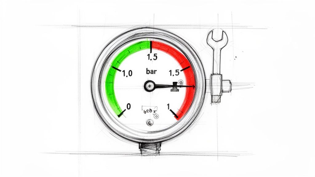 Hand-drawn sketch of a pressure gauge in a Ringwood home with green and red zones, needle indicating high pressure.