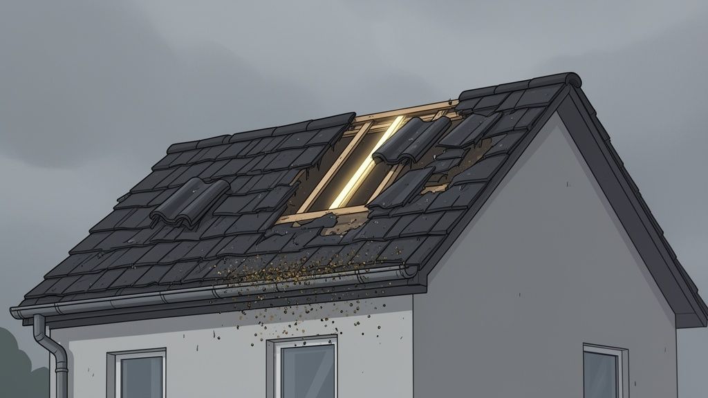 A close-up view of storm-damaged roofing in Poole, an example of a job for emergency roof repair services in Southampton.