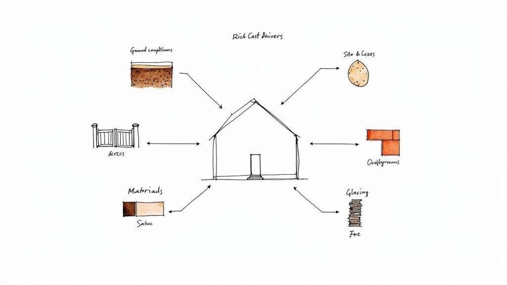 A sketch of a Bournemouth house surrounded by various factors influencing its cost, labeled 'Rich Cost Drivers'.