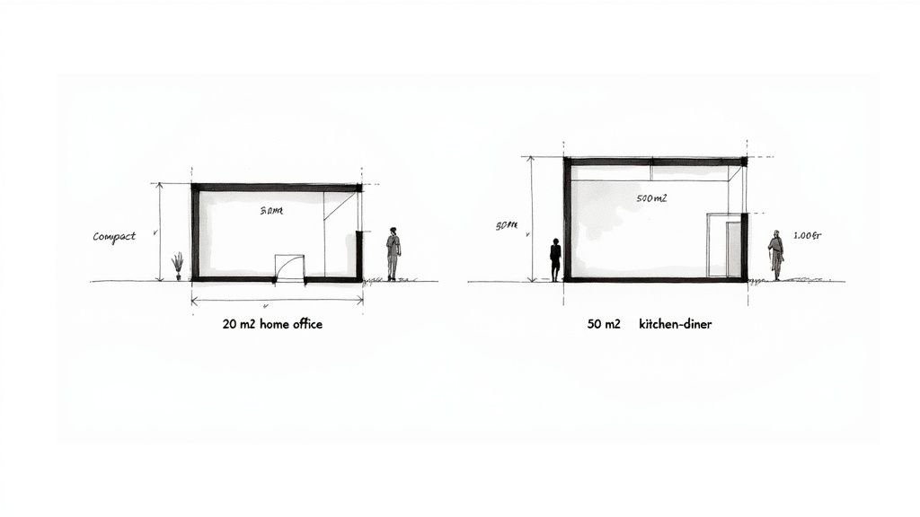 Architectural cross-sections comparing a compact 20m2 home office and a spacious 50m2 kitchen-diner for a Southampton home.