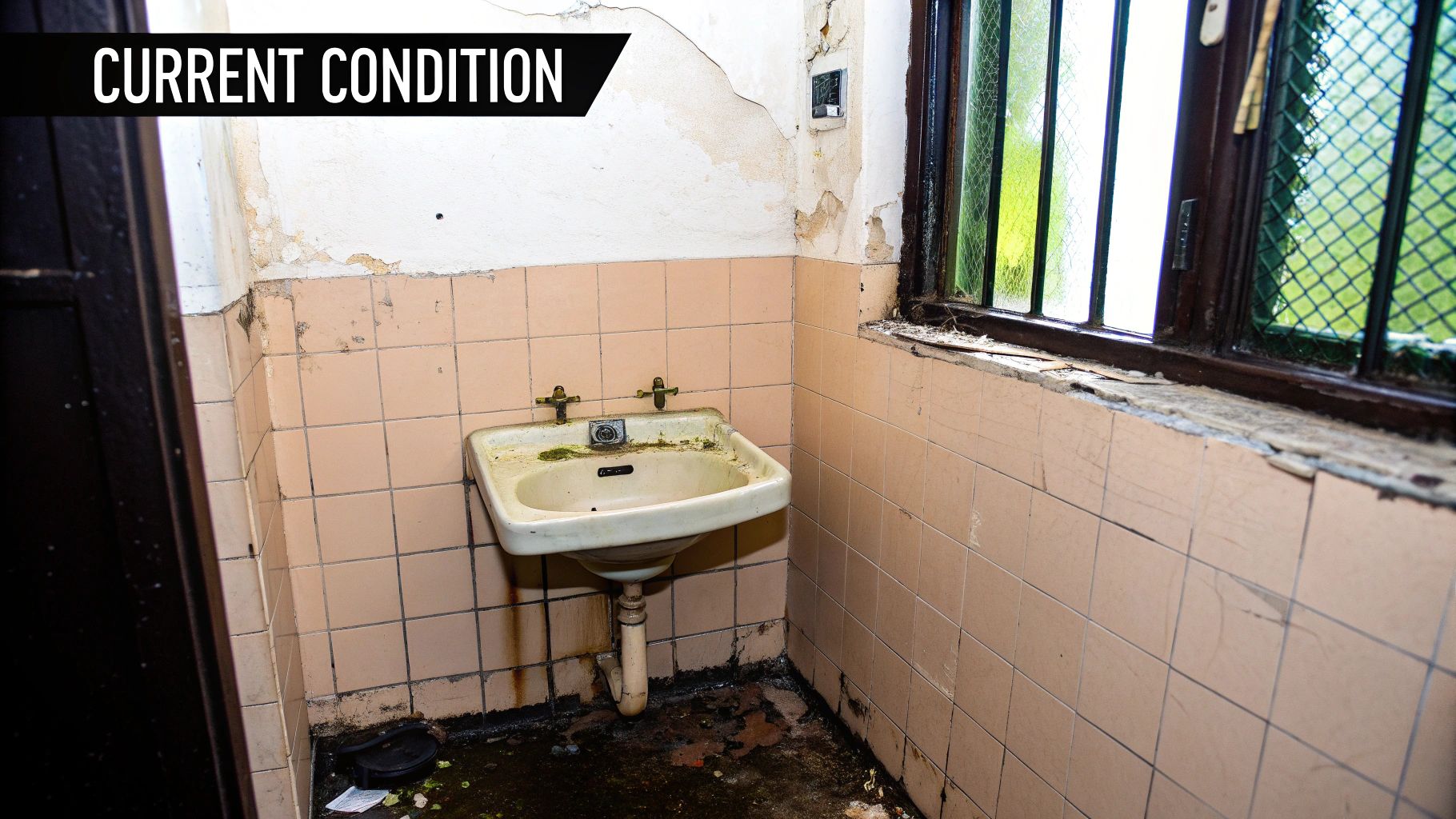 Dilapidated bathroom with dirty sink, peeling paint, and damaged tiles. A window shows green outside. Text: "Current Condition." Mood: Neglect.