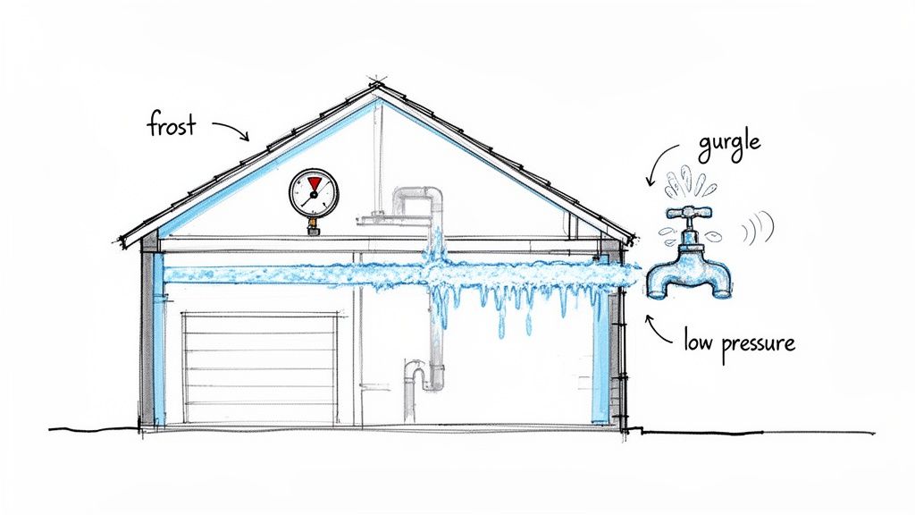 Diagram of a house with frozen water pipes in Highcliffe causing low pressure and a gurgling outdoor tap.