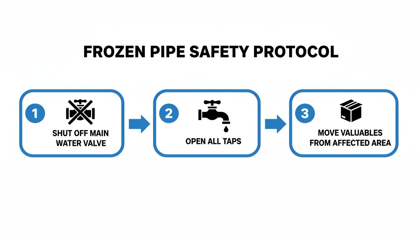 Infographic displaying a 3-step frozen pipe safety protocol in Poole.