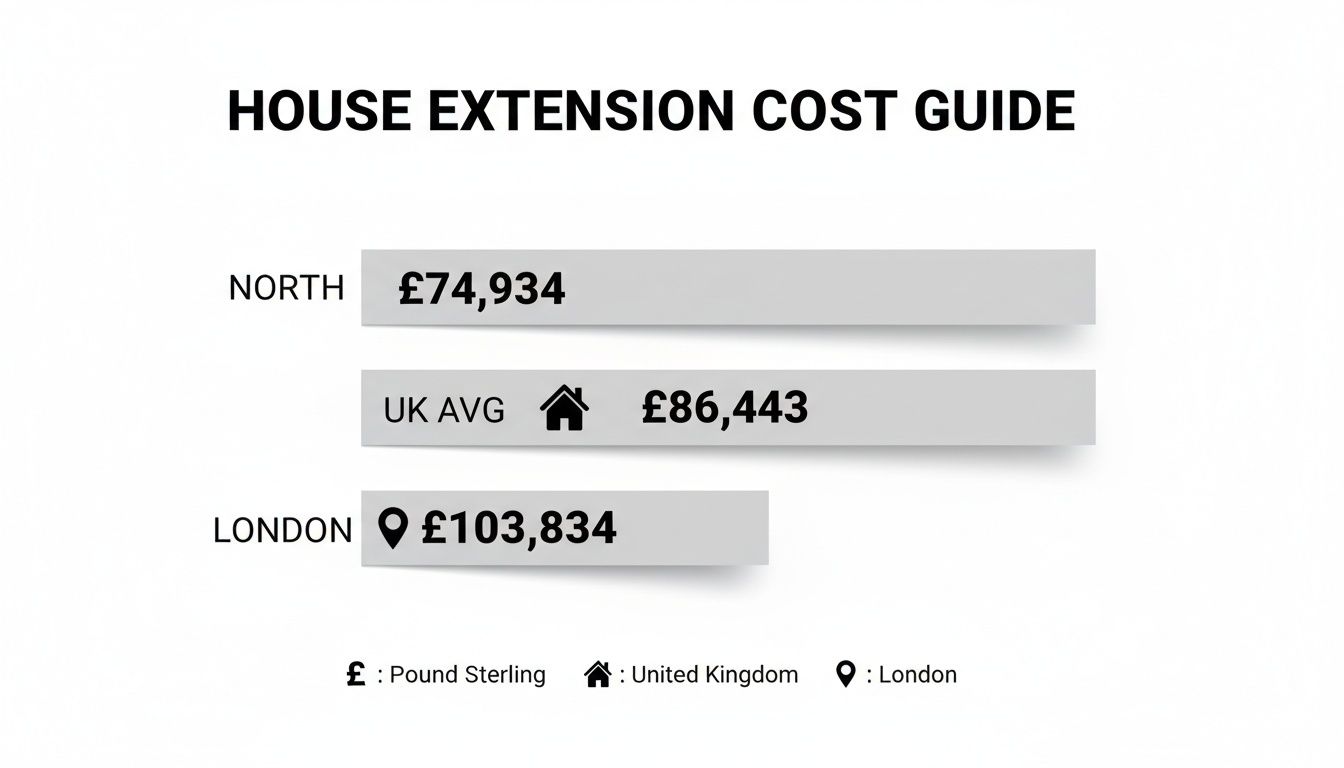 A detailed house extension cost guide for a Highcliffe project, showing prices: North £74,934, UK average £86,443, London £103,834.