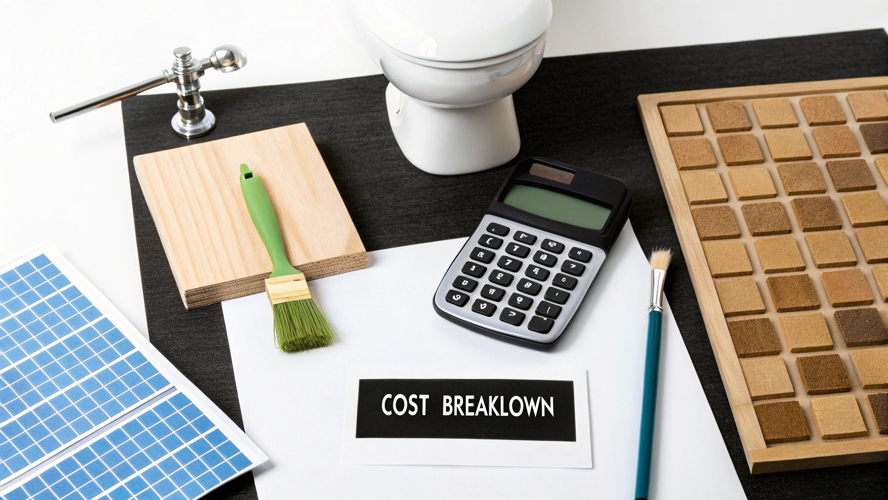 Calculator, paintbrush, tile samples, faucet, and "Cost Breakdown" text on a desk; a mix of black, white, and earth tones.