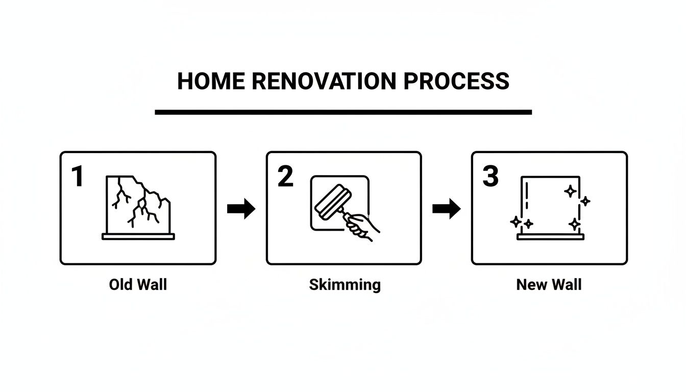 The process of skimming a wall in a Christchurch property, showing the transformation from old to new.