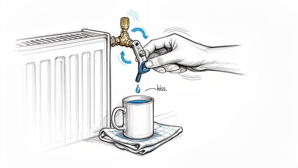 A hand turns a radiator key to bleed air from a radiator in Poole, with water dripping into a mug.
