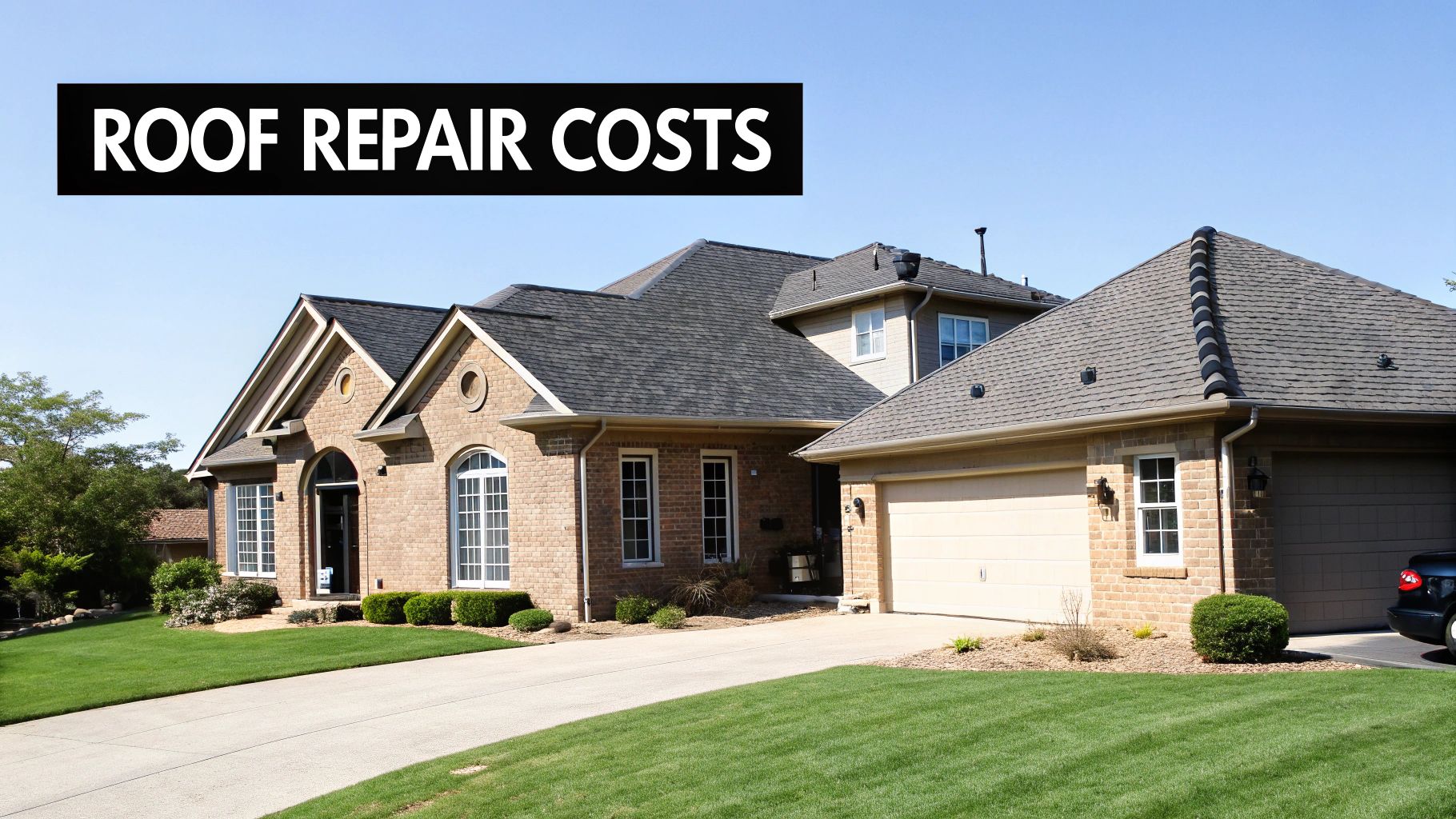 Brick house with gray roof, green lawn, and clear sky. Text reads "ROOF REPAIR COSTS" in bold on a black background.