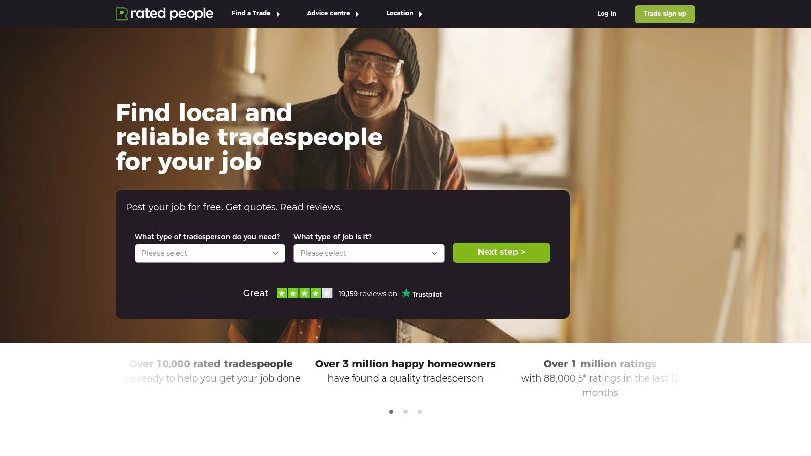 A screenshot of the Rated People website showing a Christchurch homeowner posting a home renovation project.