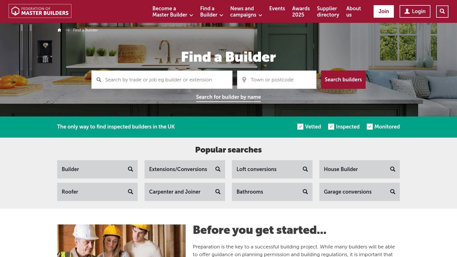 The Federation of Master Builders website showing the 'Find a Builder' search function for Bournemouth.