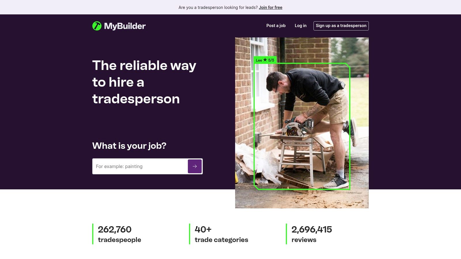 The MyBuilder homepage showing how to post a renovation job in Southampton.