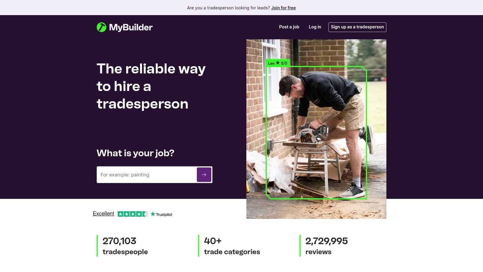 A screenshot of the MyBuilder website showing a homeowner posting a job for a Ringwood house renovation.