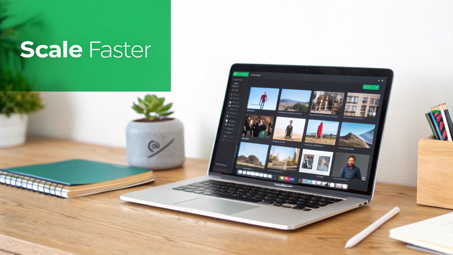 A modern laptop displaying a grid of images on a wooden desk with plants and the text 'Scale Faster'.