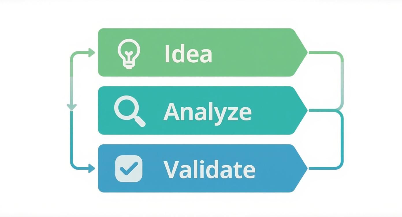 Infographic showing a process flow for validating keywords, with icons for Idea, Analyze, and Validate