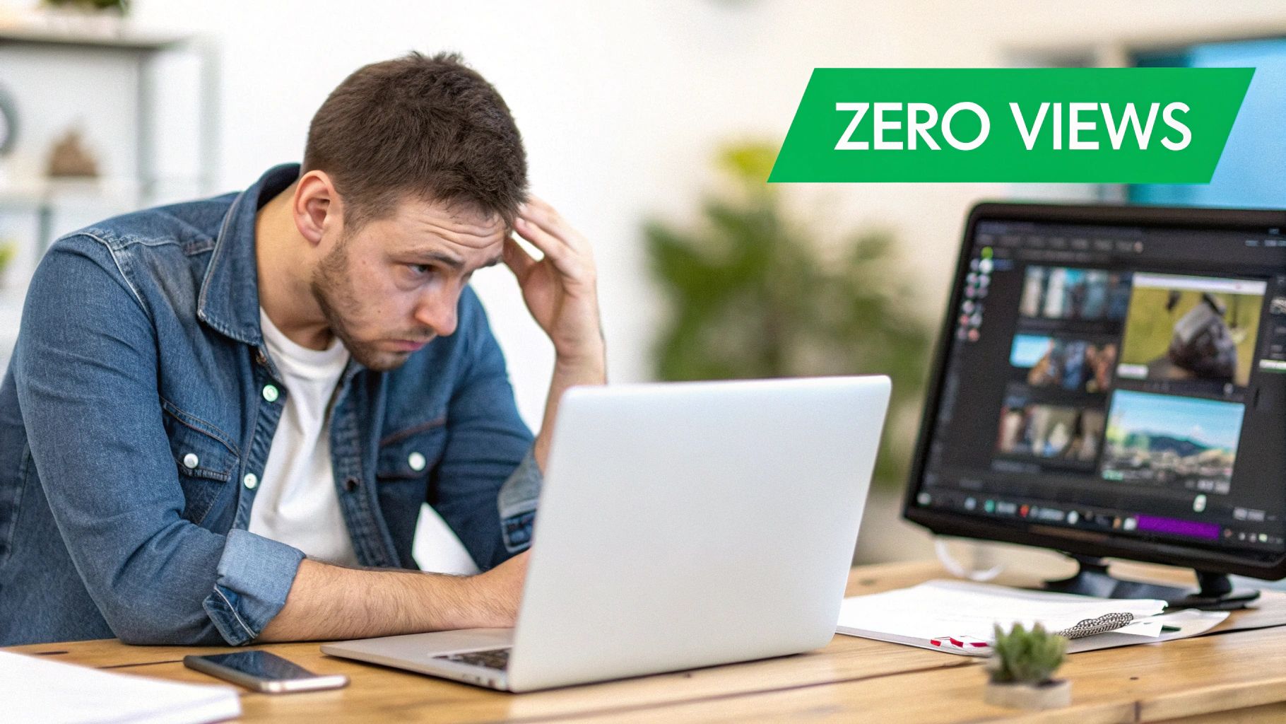 A frustrated man looks at his laptop, while a monitor displays video editing software with 'ZERO VIEWS'.