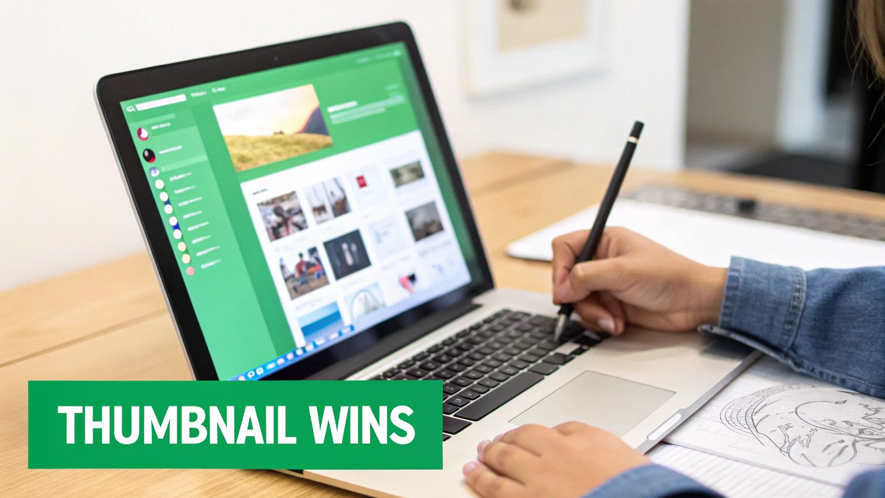 Person working on a laptop with a green interface, holding a pen, and a sketch on the desk.