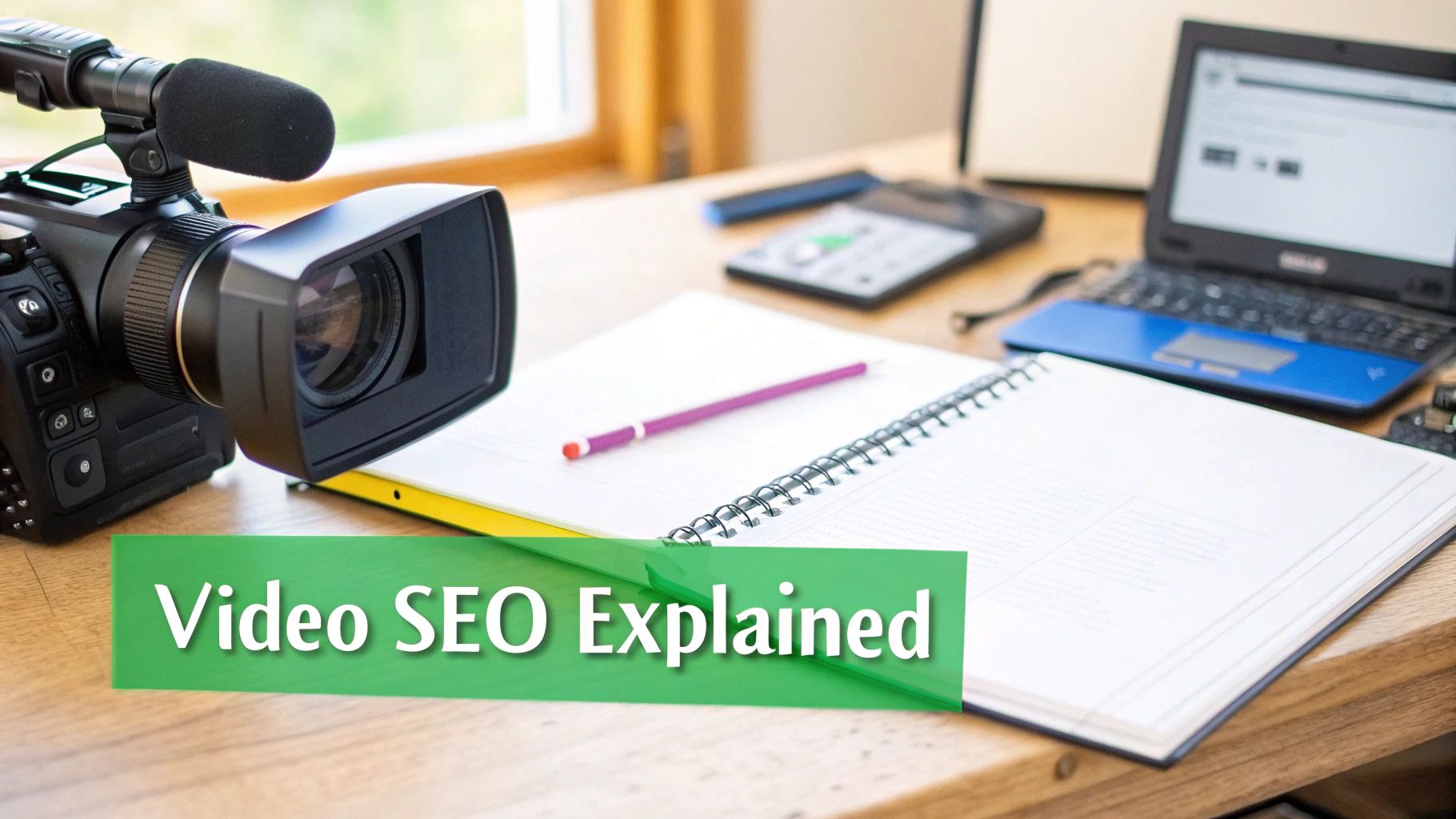 A visual representation of video SEO concepts, including search bars, play buttons, and optimization icons.
