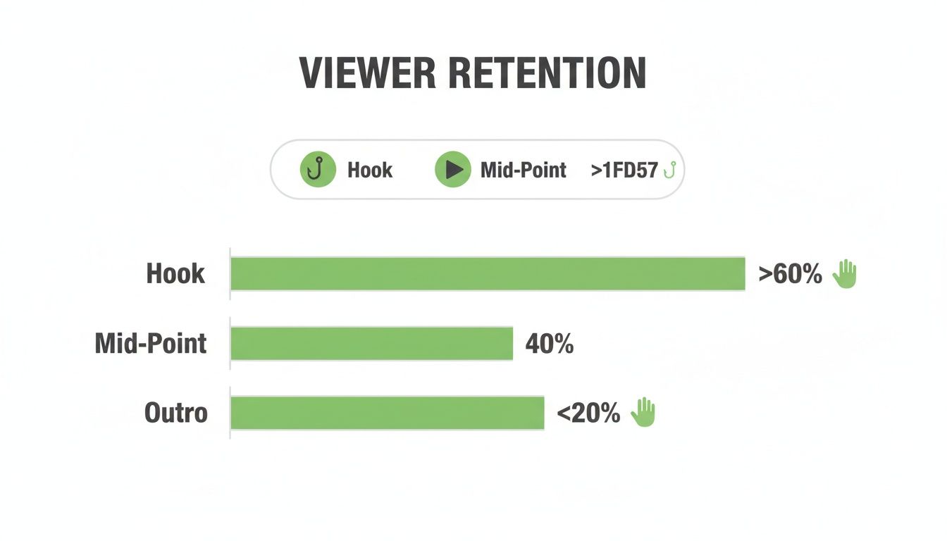 Bar chart displaying YouTube viewer retention metrics for Hook, Mid-Point, and Outro sections with percentages.
